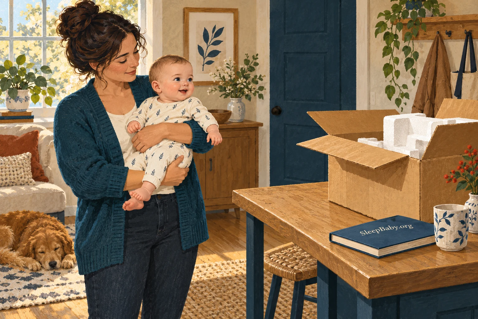 Parent holds a baby away from a table with a shipping box and foam packing insert.