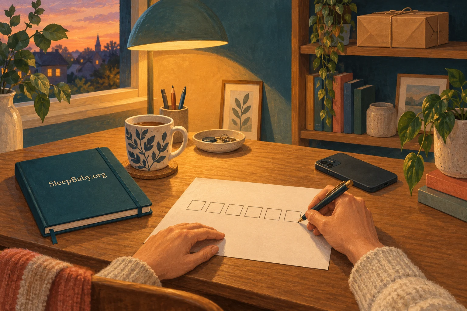 A quiet evening desk with a notebook, seven empty tracker boxes and a closed parcel.