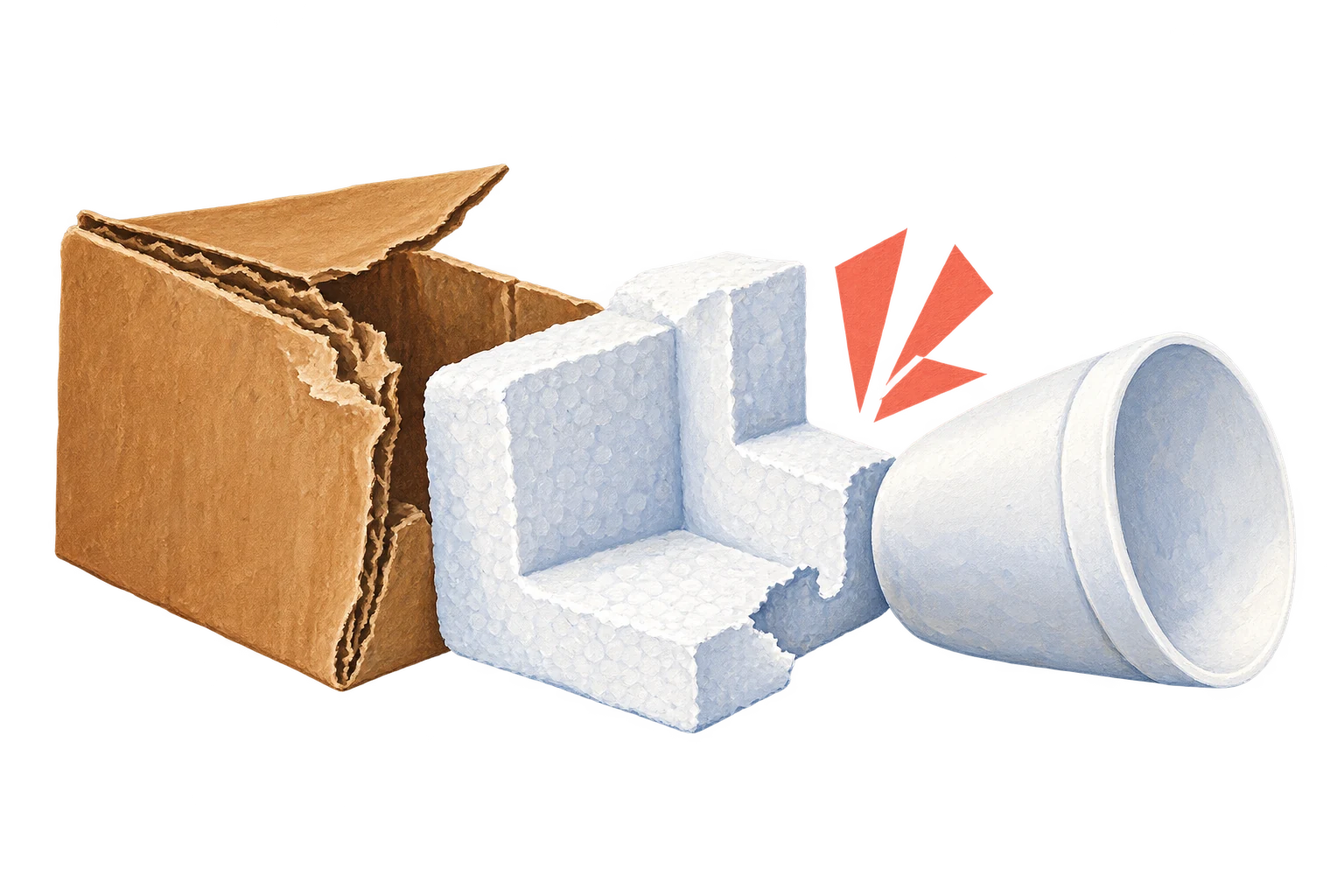 Torn carton, foam corner and tipped foam cup introduce the concern.