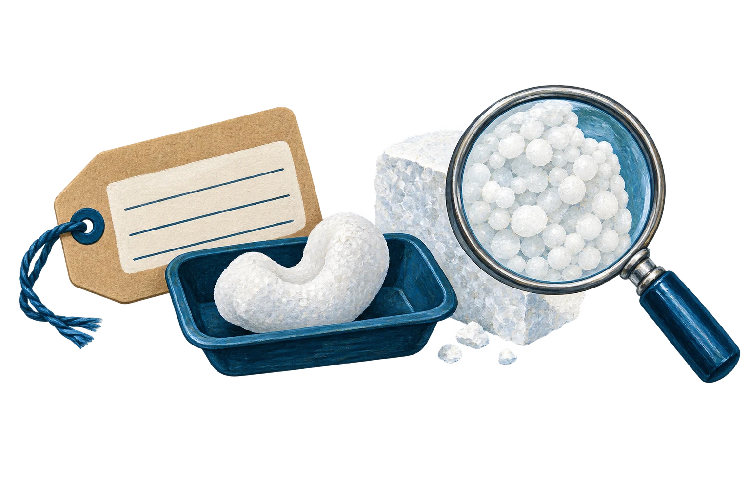 Label, foam packing material and magnifying glass introduce identifying the material.