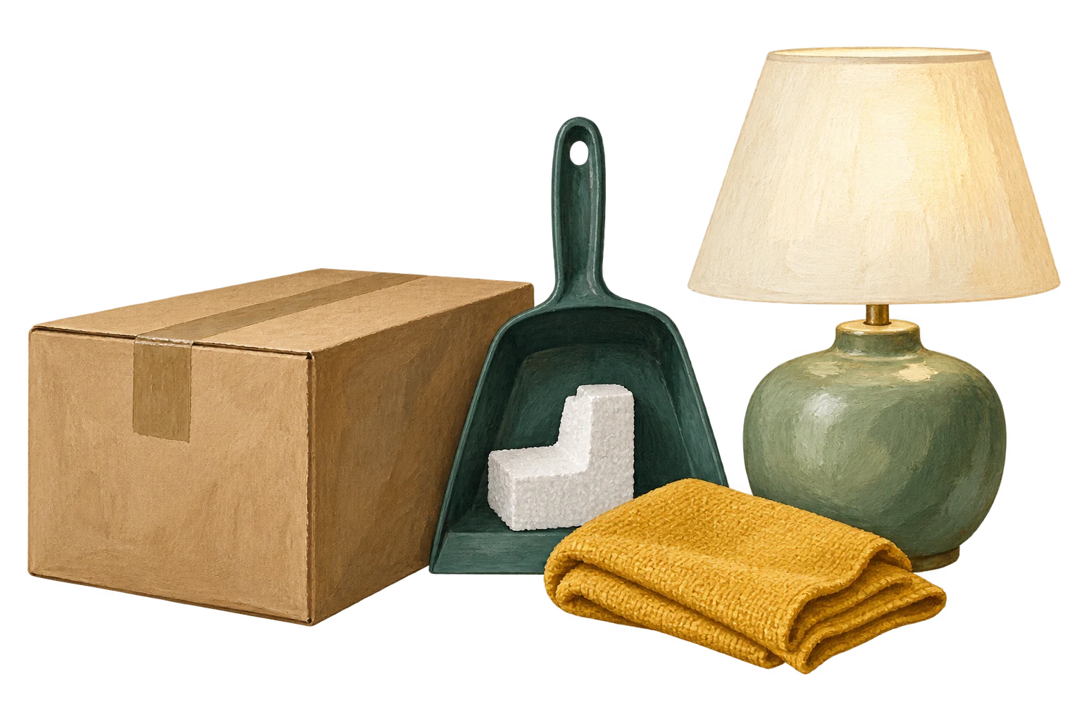 Closed carton, dustpan and folded cloth introduce a cleared space.
