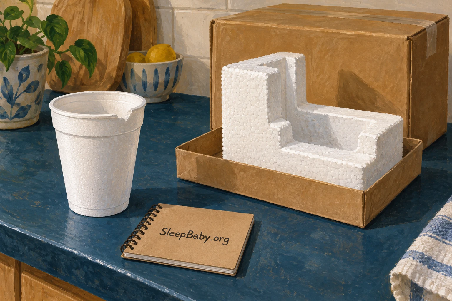 Foam cup and molded polystyrene corner set aside to identify the original material.
