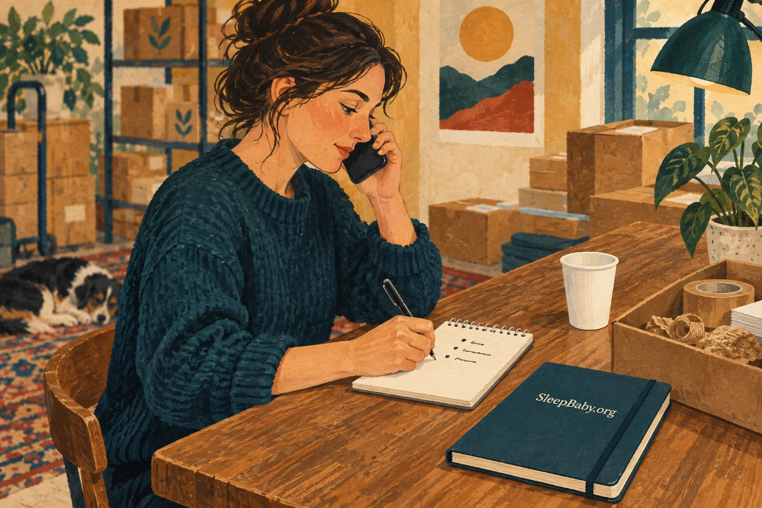An adult phones for advice and writes down instructions beside a foam cup.