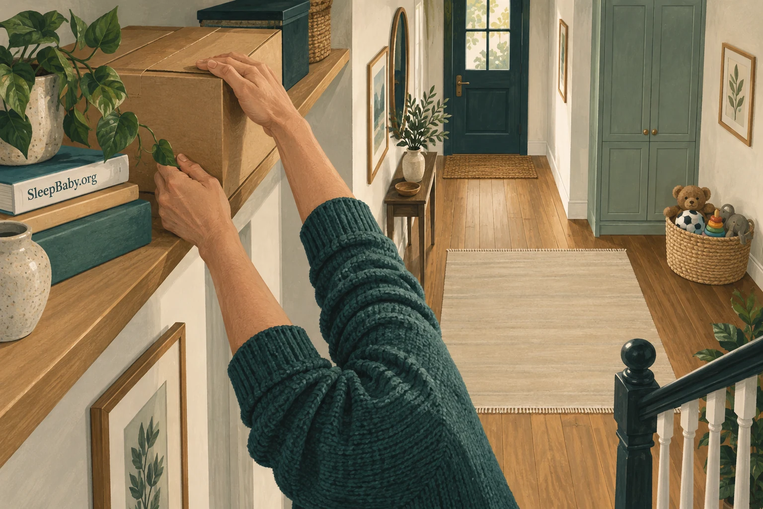 Adult places a closed shipping carton on a high shelf above a cleared floor.