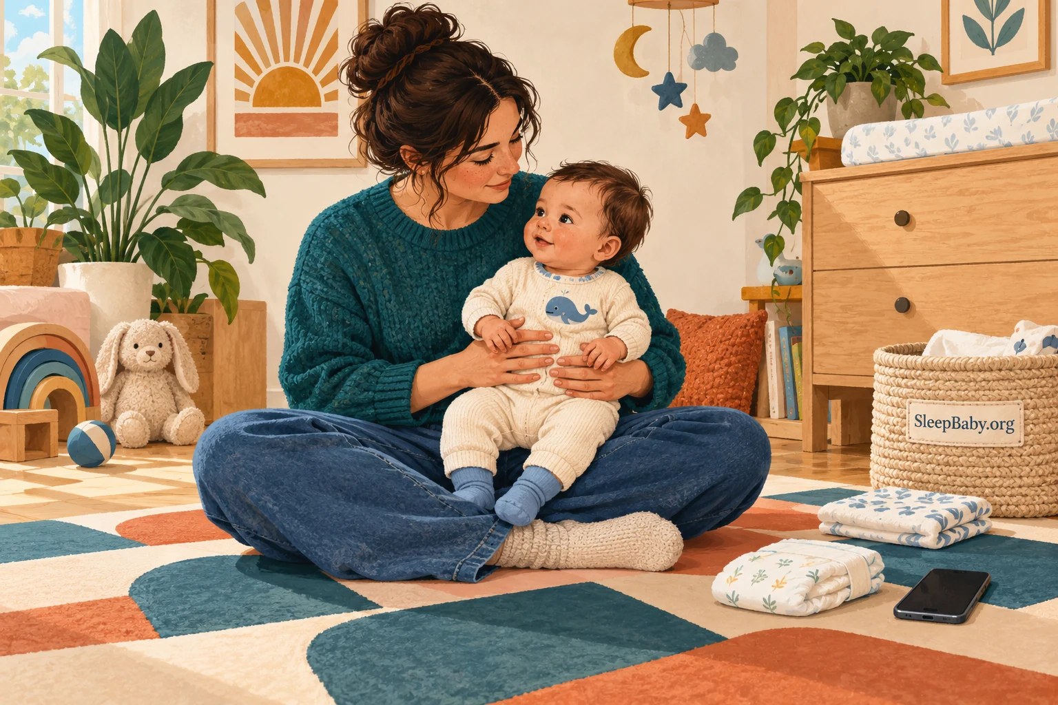 Illustration of a parent holding an alert, fully clothed baby beside a clean cloth and closed diaper.