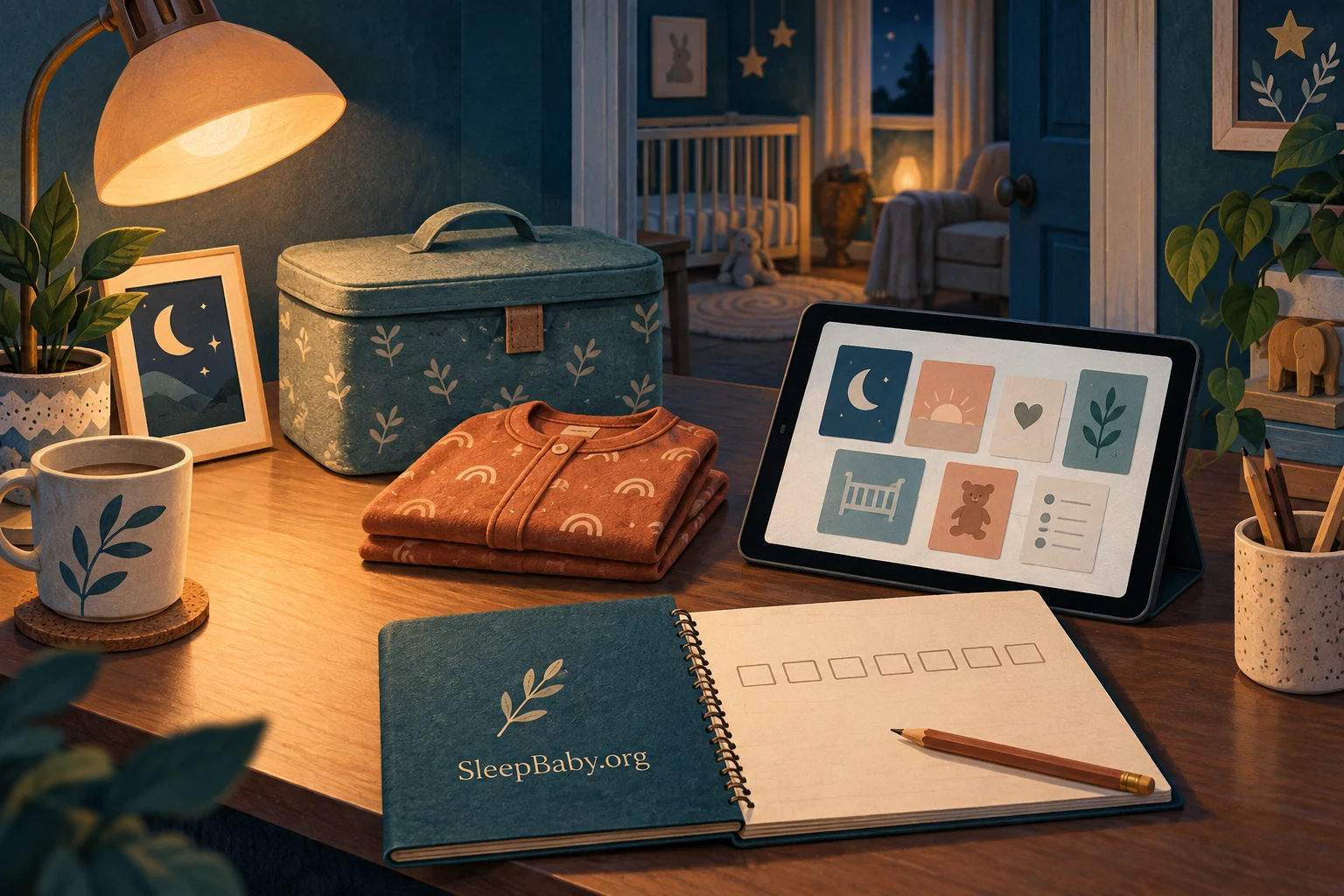 Illustrated adult desk with clean pajamas, a tablet and a seven-square notebook.