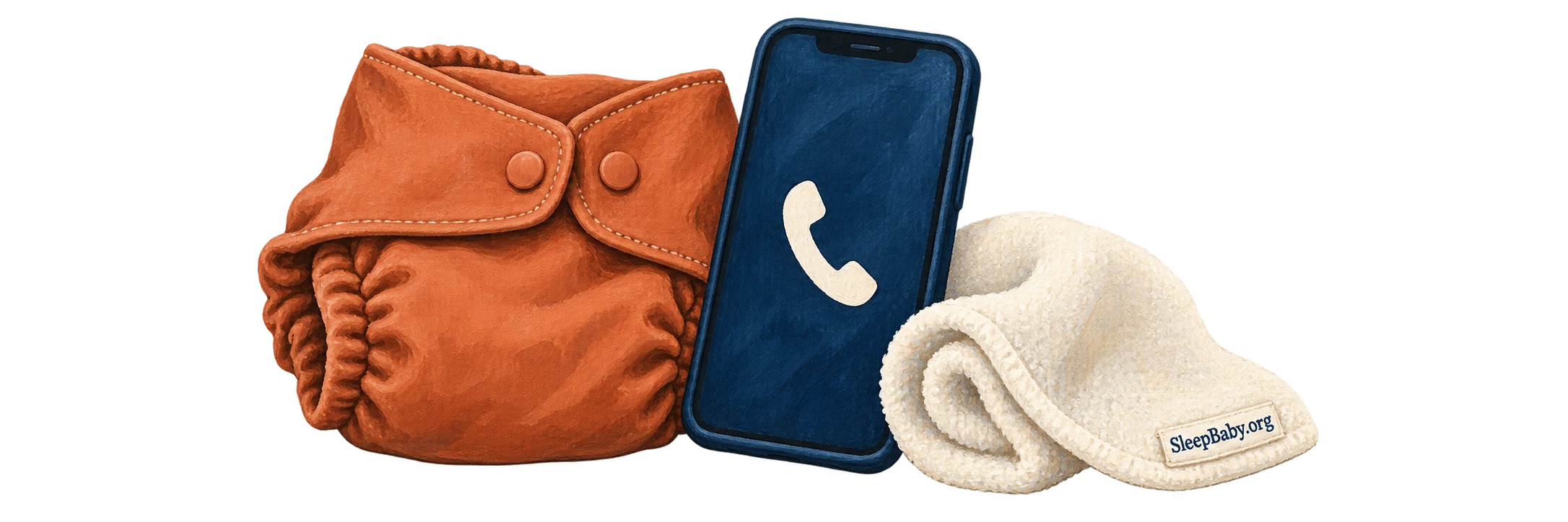 Painted diaper, phone and clean cloth on a transparent background.