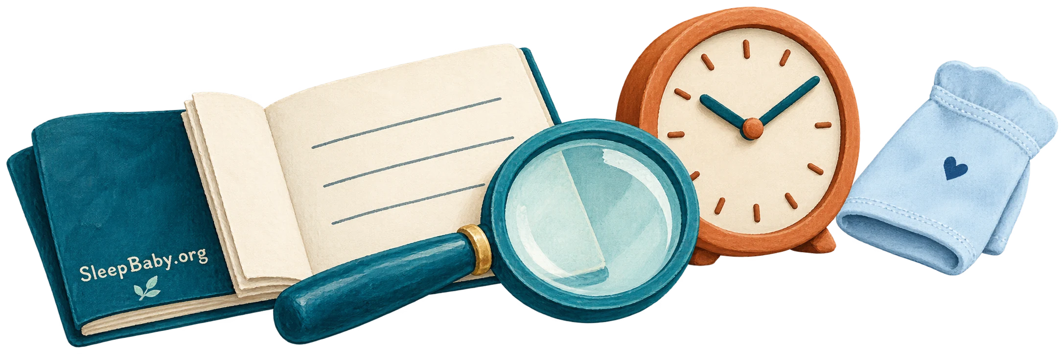 Painted observation notebook, magnifier, clock and baby sleeve on a transparent background.