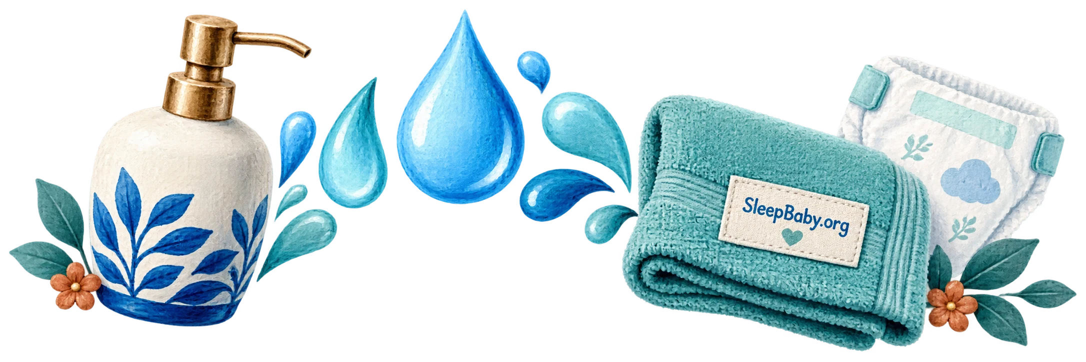 Painted soap dispenser, water droplets, towel and diaper on a transparent background.
