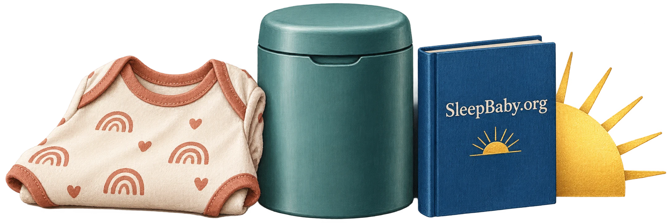 Painted clean bodysuit, closed diaper pail and book on a transparent background.