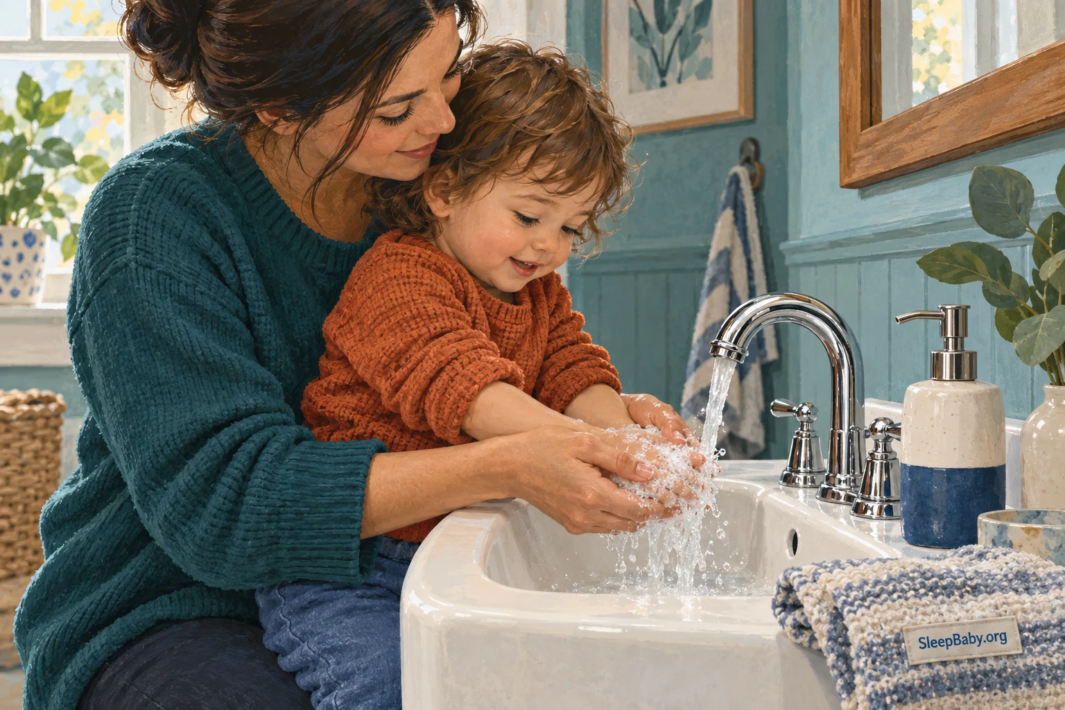 Illustration of a parent supporting a child while washing their hands at a sink.
