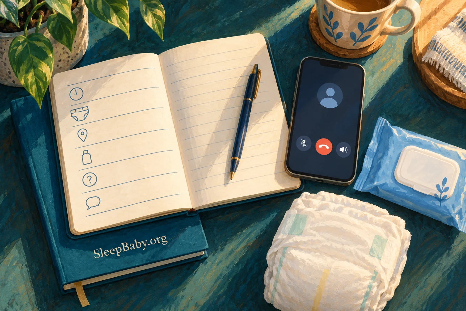 Illustrated notebook, phone and clean diaper on an adult work surface.