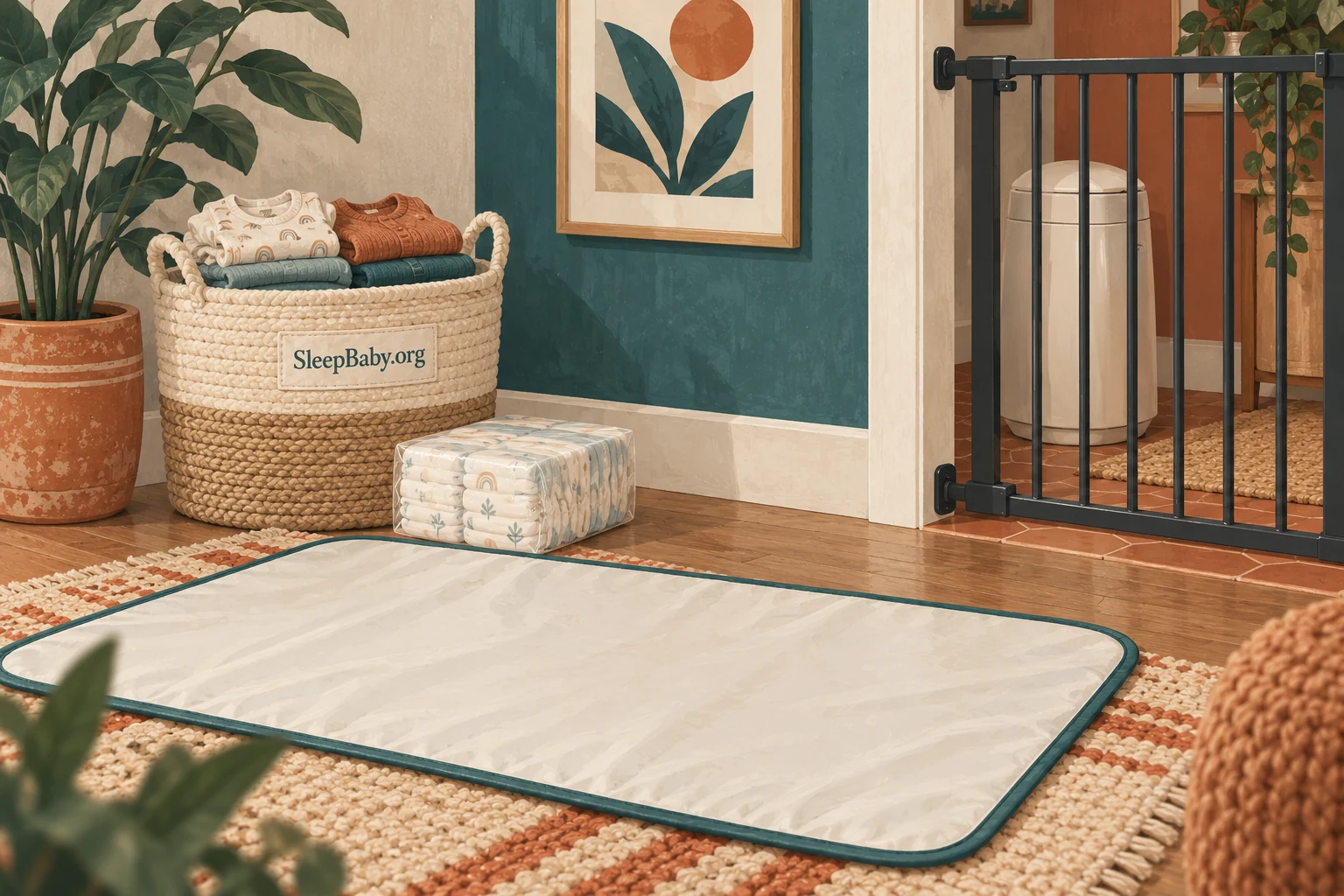 Illustration of a clean floor changing mat with a closed diaper pail behind a gate.