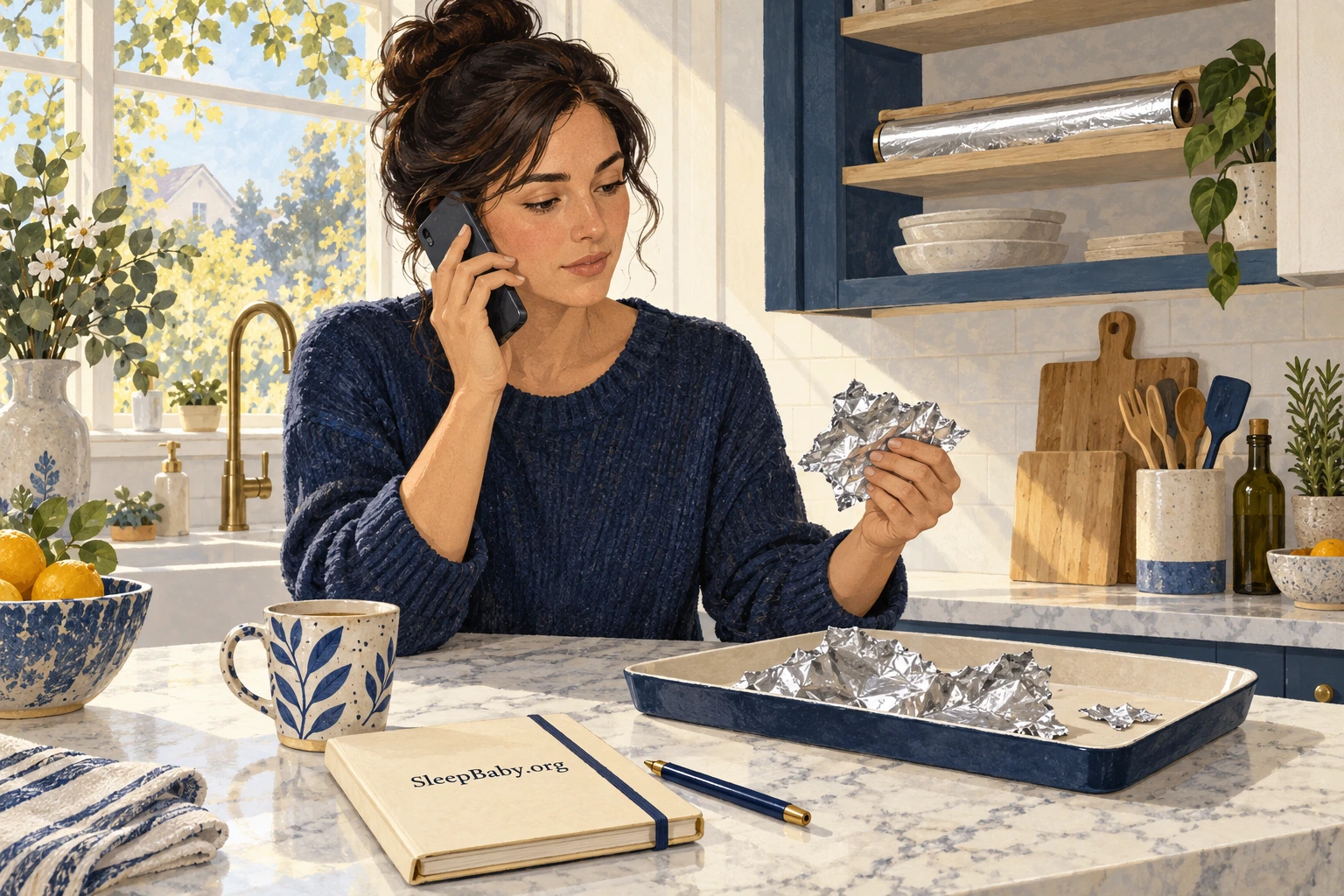 A parent calls for advice while keeping torn kitchen foil on a counter.