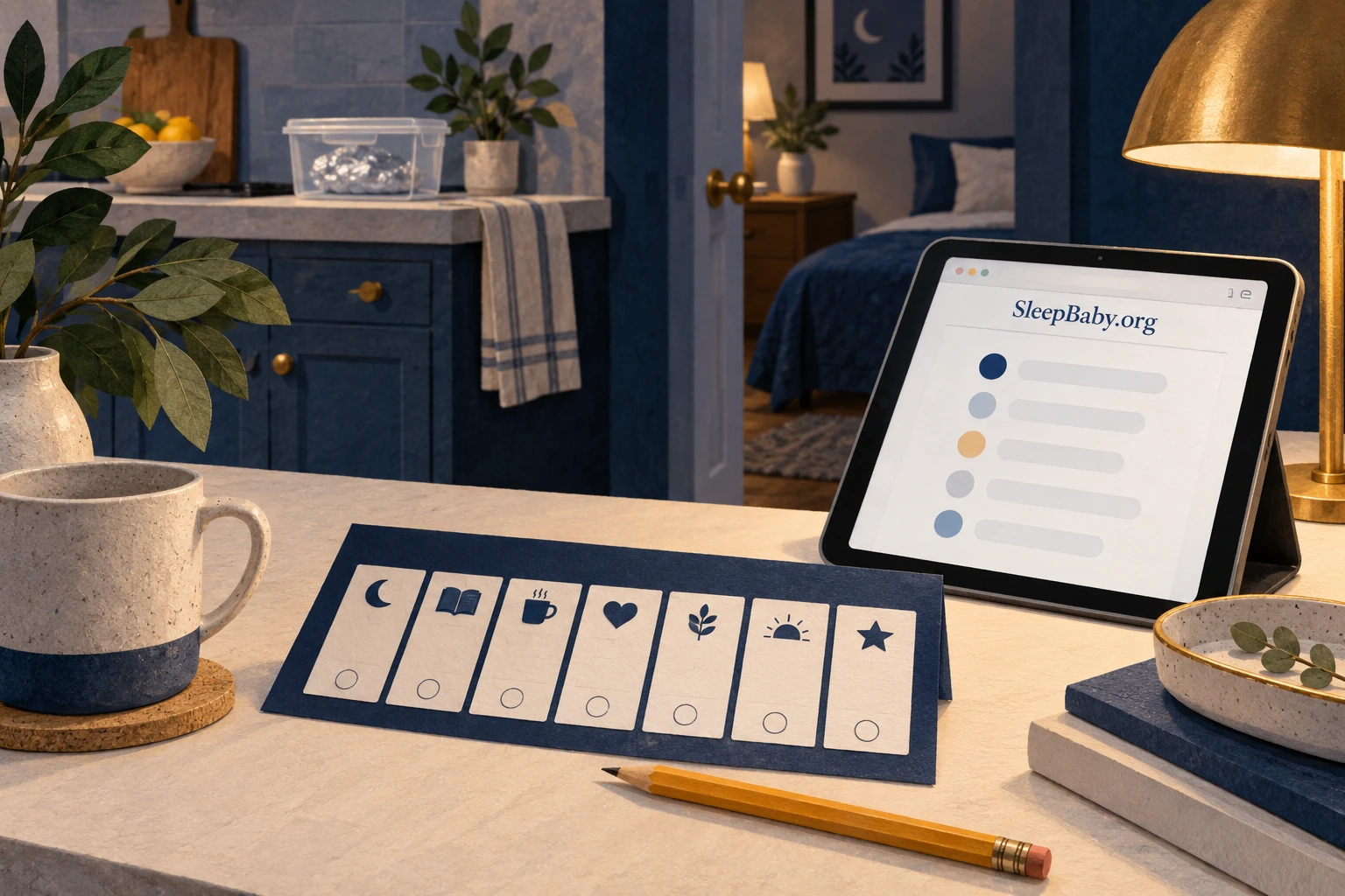 A tablet and seven-space planning card on a desk, with kitchen foil stored separately in the background.