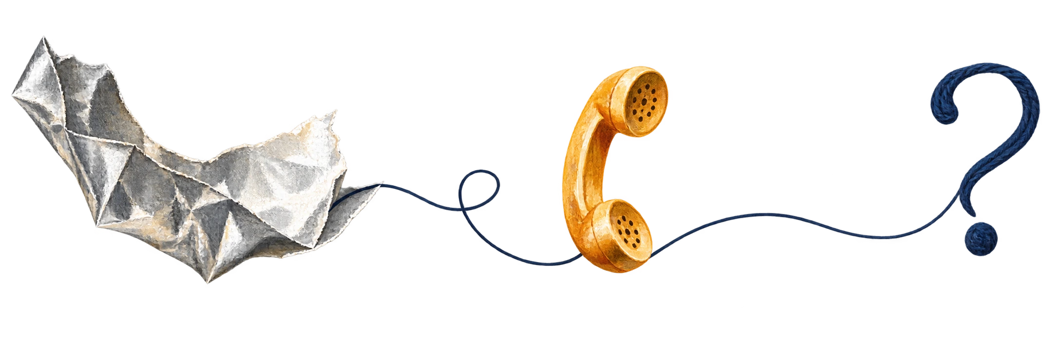 Silver foil, an amber phone and an ink-blue question mark.