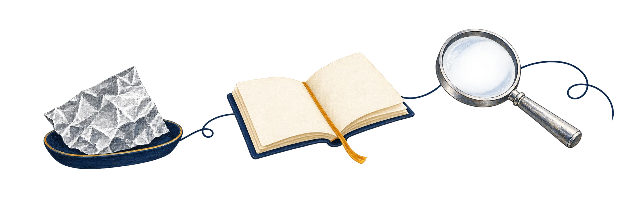 A foil sample, open notebook and magnifying glass.