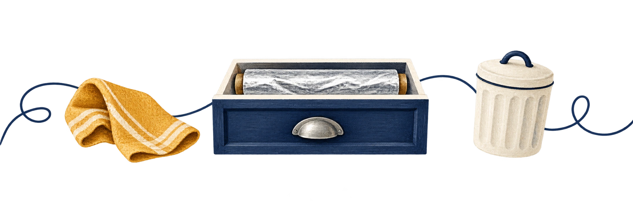 A cleaning cloth, foil storage drawer and lidded bin.