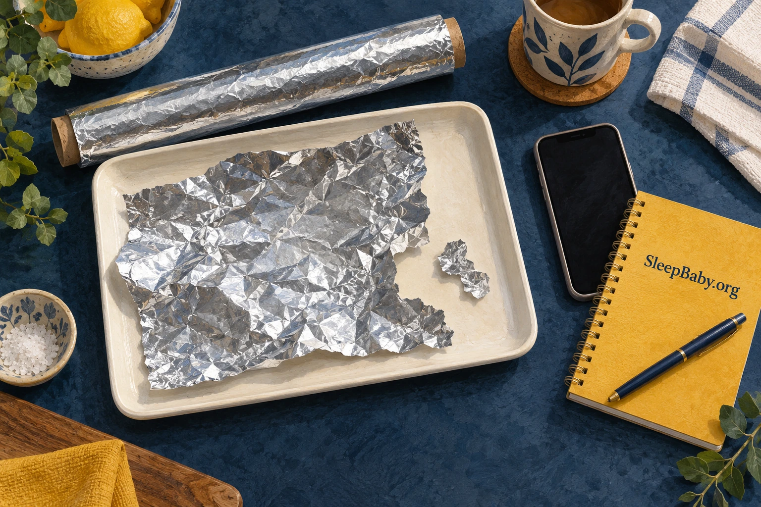 Torn aluminum foil, its roll, a phone and a notebook on a kitchen worktop.