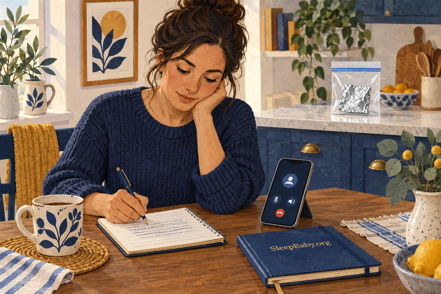 A parent writes down care instructions beside a phone; a foil sample is kept out of reach.