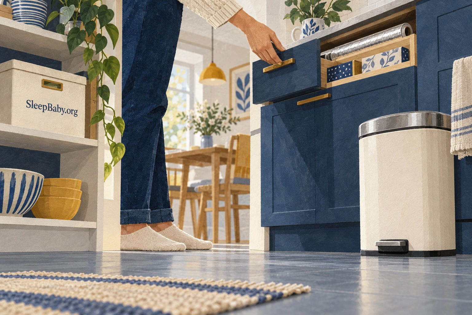 An adult closes a kitchen drawer holding food wrap above a clean floor and lidded bin.