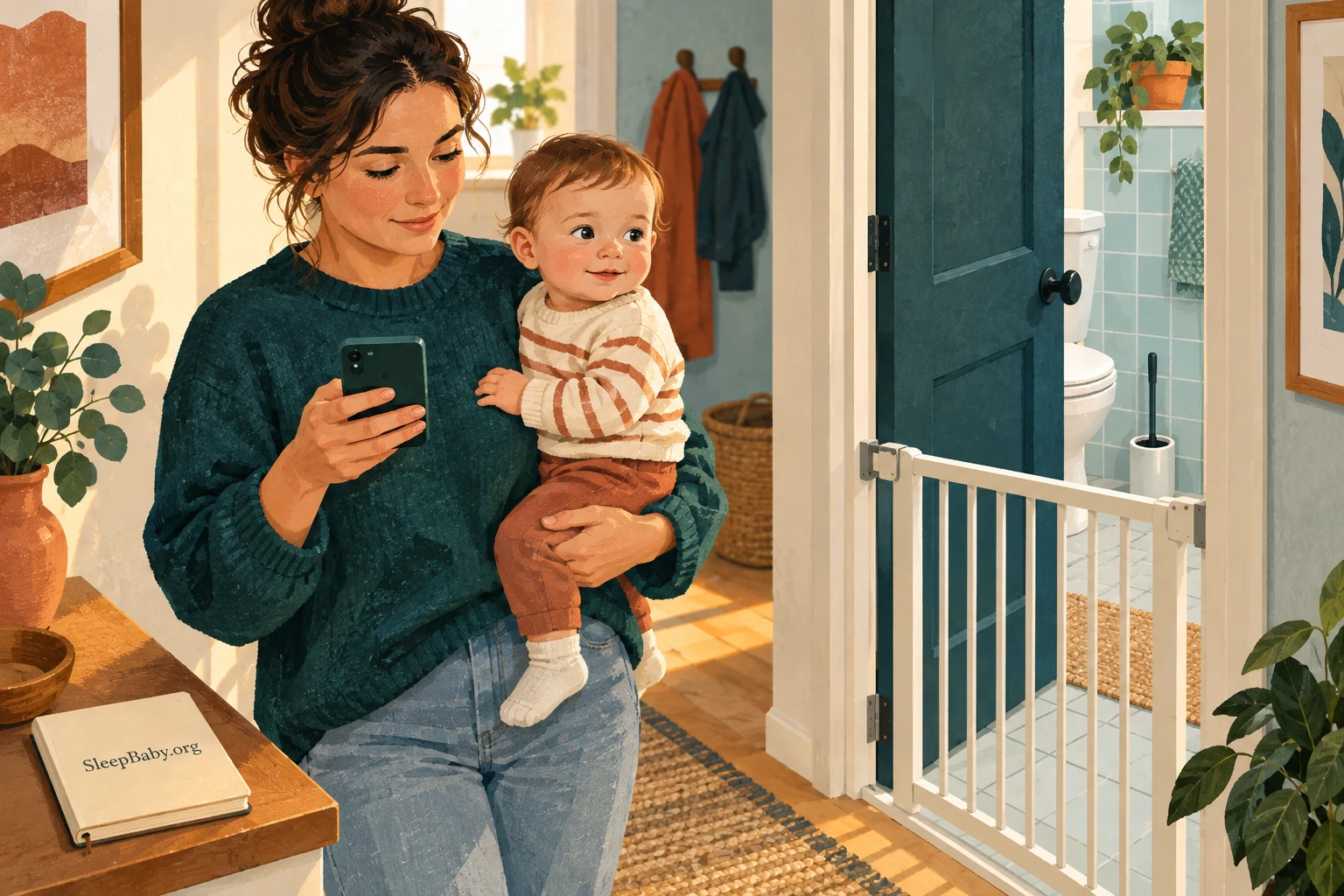 Parent holds an alert baby safely outside the bathroom while checking a phone.
