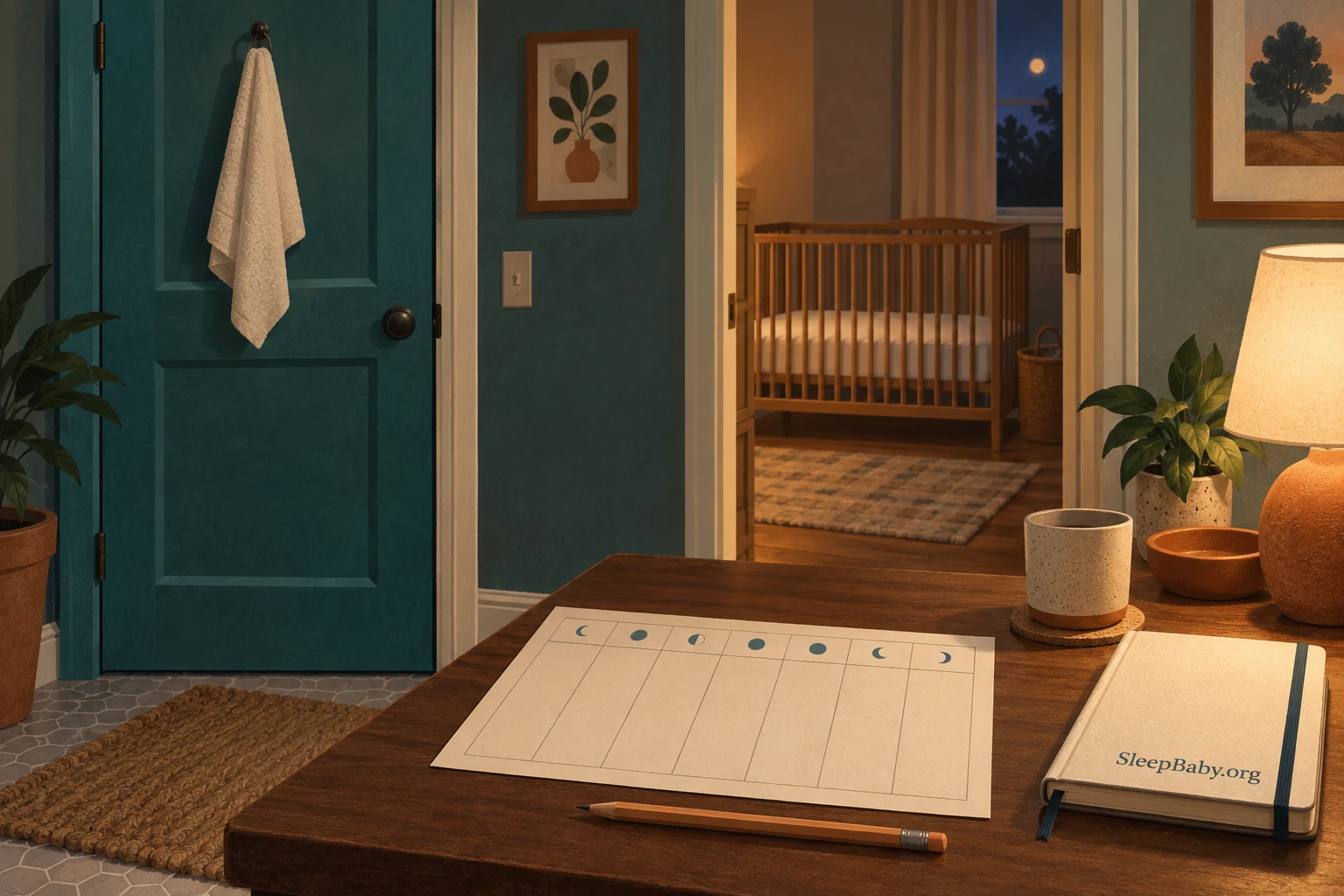Closed bathroom door and a bedtime planning notebook beside a quiet nursery.