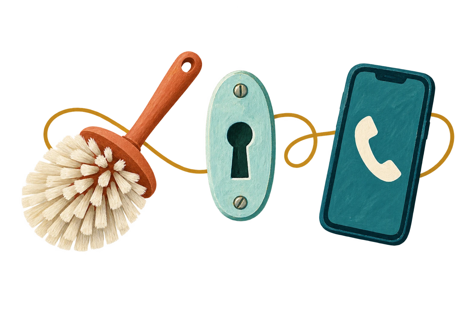 Toilet brush, doorway lock and phone introduce the first response.