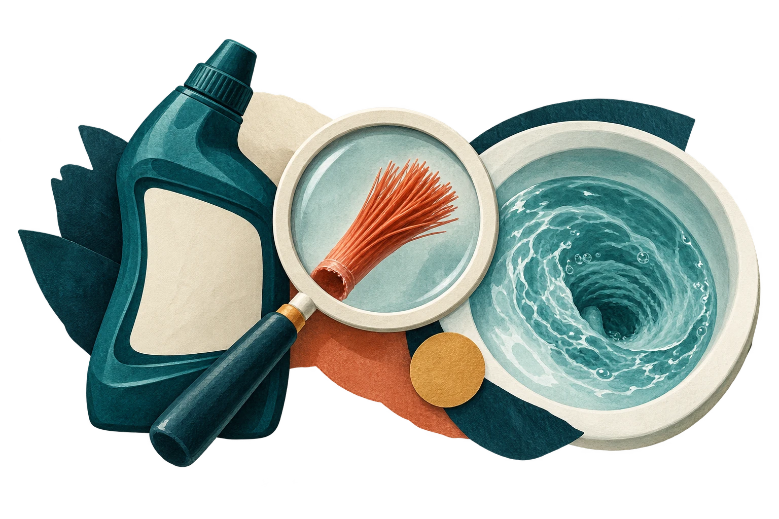 Cleaner bottle, magnified bristles and toilet water represent three separate concerns.