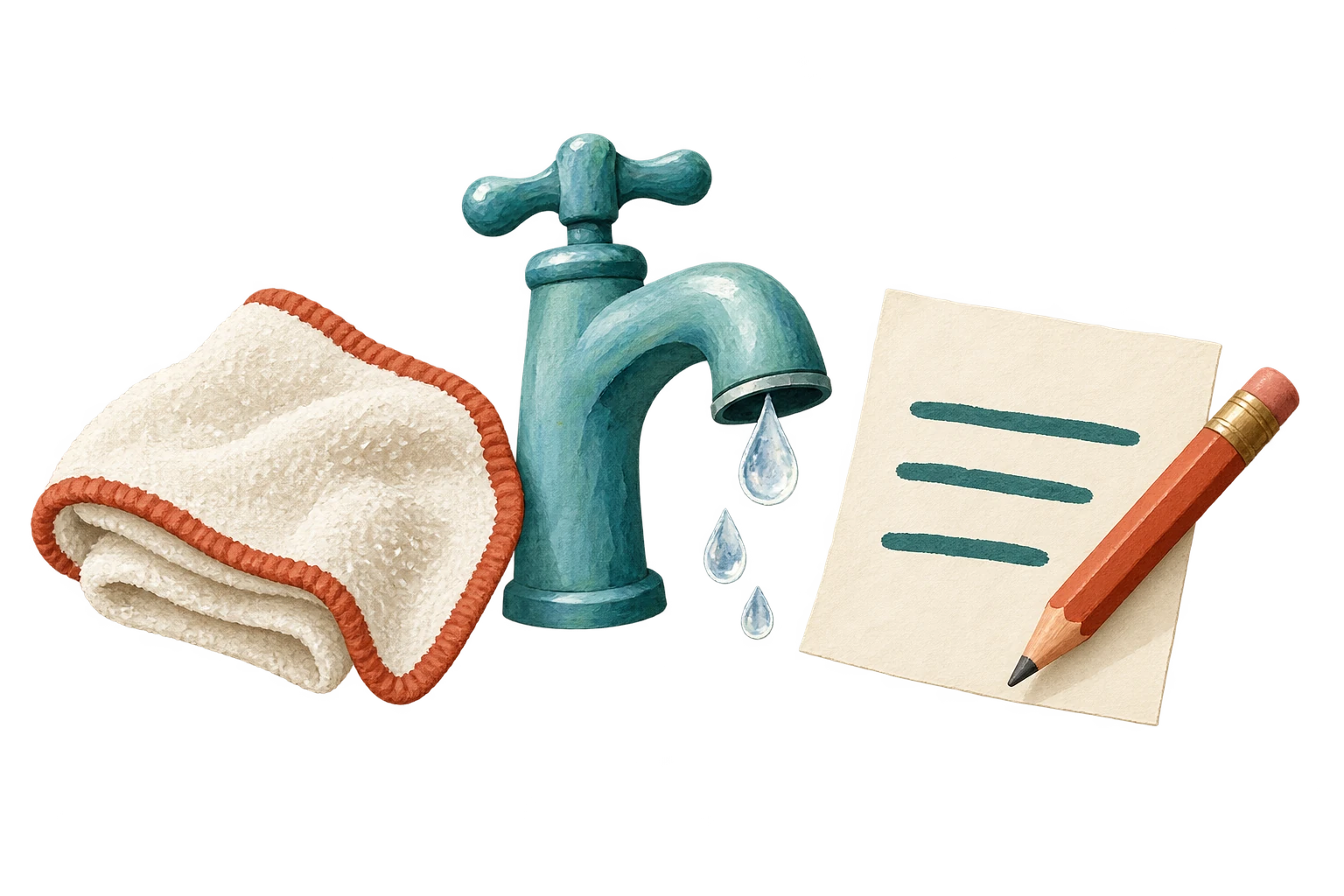 Washcloth, running water and a note sheet represent cleanup and a written plan.