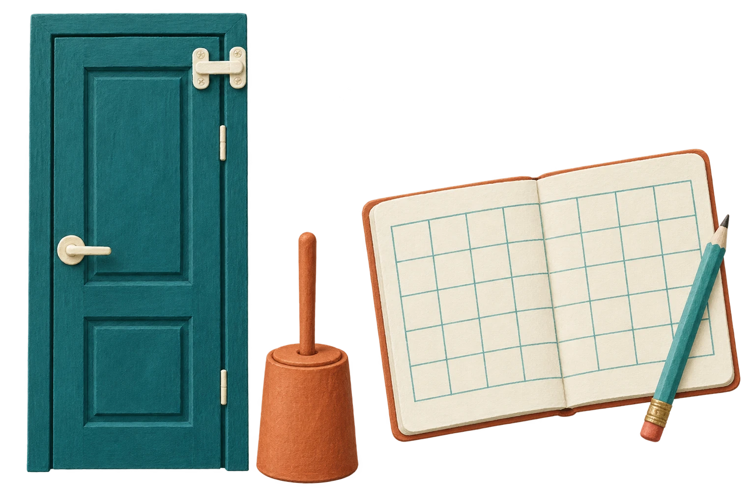 Closed bathroom door, brush holder and notebook introduce prevention and bedtime planning.