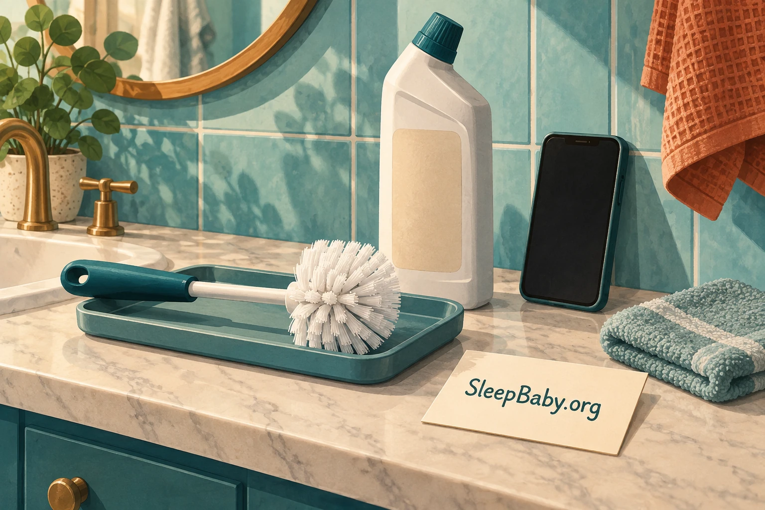 Toilet brush, closed cleaner bottle and phone set aside for identifying the exposure.