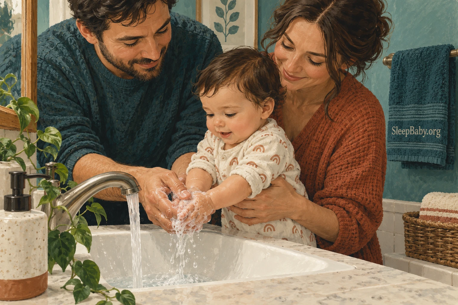 Adults support a baby while washing the baby’s hands at a sink.