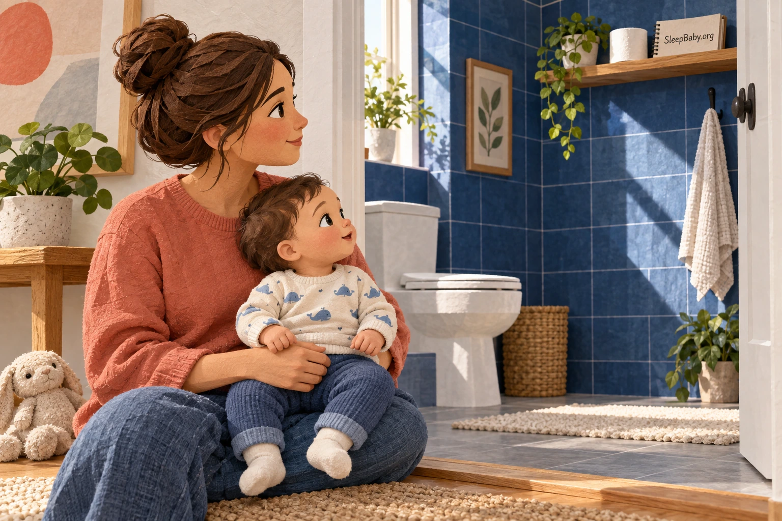 A parent holds an alert baby while the toilet paper is stored on a high shelf.
