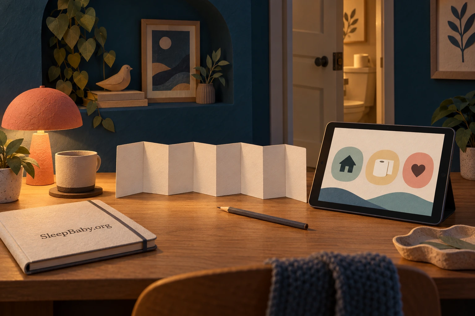 A paper-sculpture planning desk with a tablet and folded tracker.