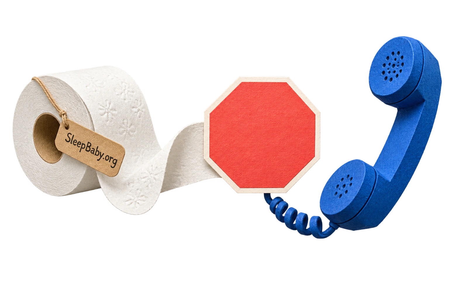 Paper sculpture of a tissue roll, coral stop shape and blue telephone.