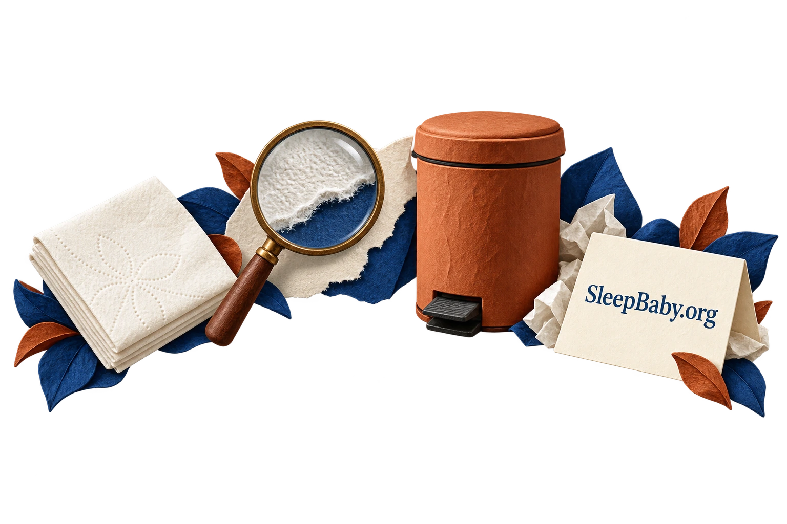 Paper sculpture of tissue, a magnifying glass, a closed waste bin and a note card.