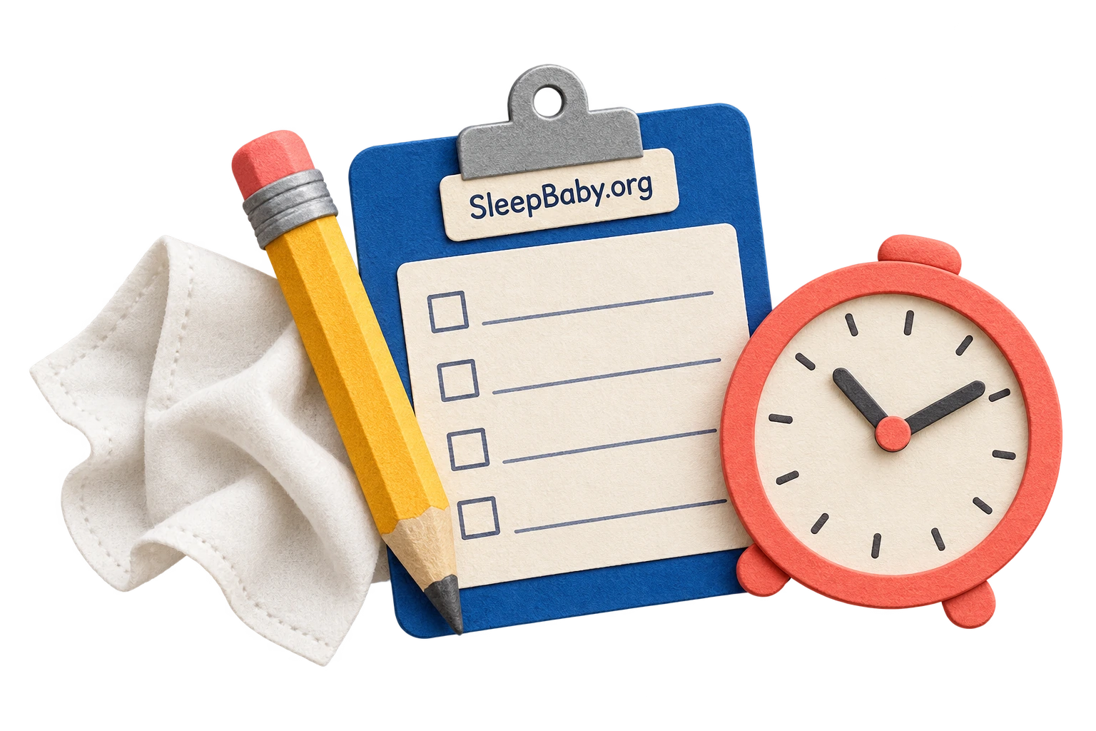 Paper sculpture of a cloth, checklist, pencil and clock.