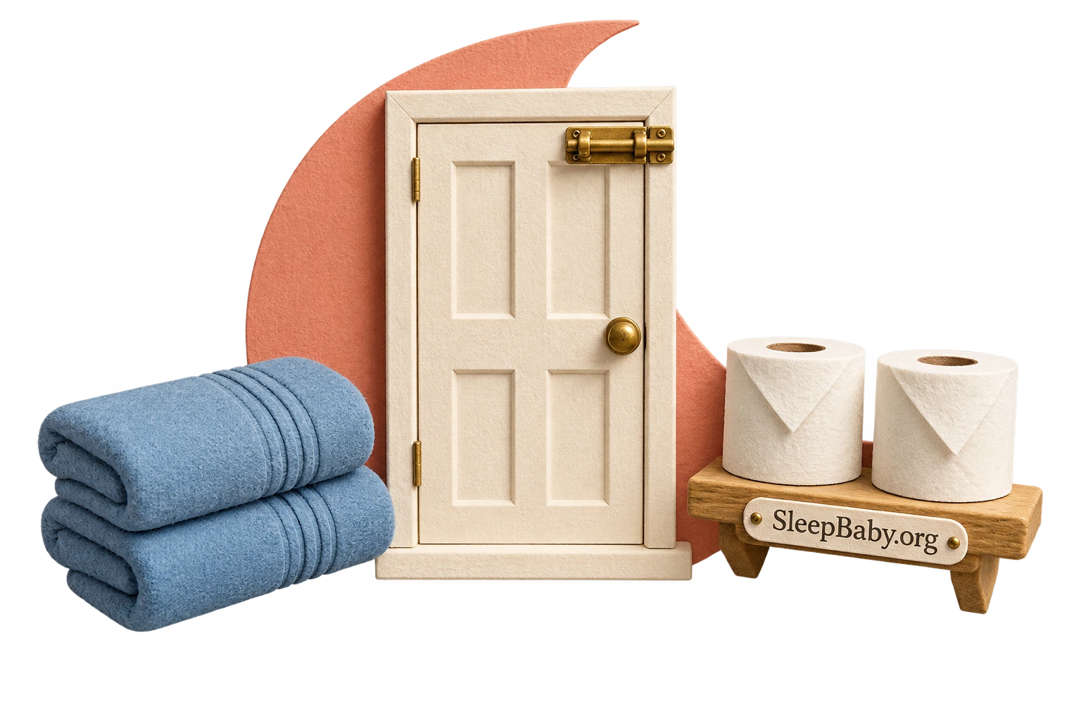Paper sculpture of a latched bathroom door, folded towels and high paper shelf.