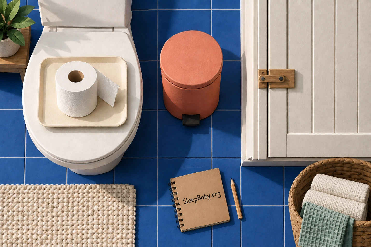 A clean toilet roll, closed waste bin and latched cupboard in a blue-tiled bathroom.