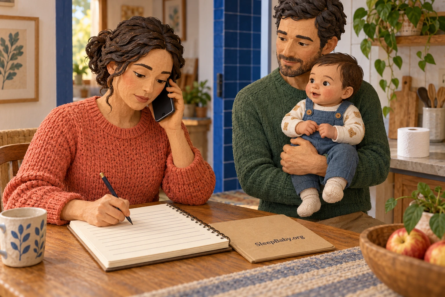 One caregiver writes notes while calling for advice; another holds an alert baby.