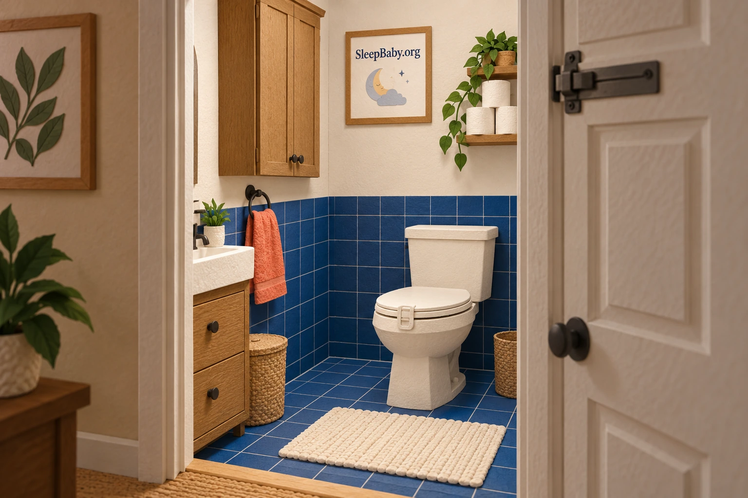 An illustrated bathroom has a high door latch, closed toilet lid with a lock, and paper on a high shelf.