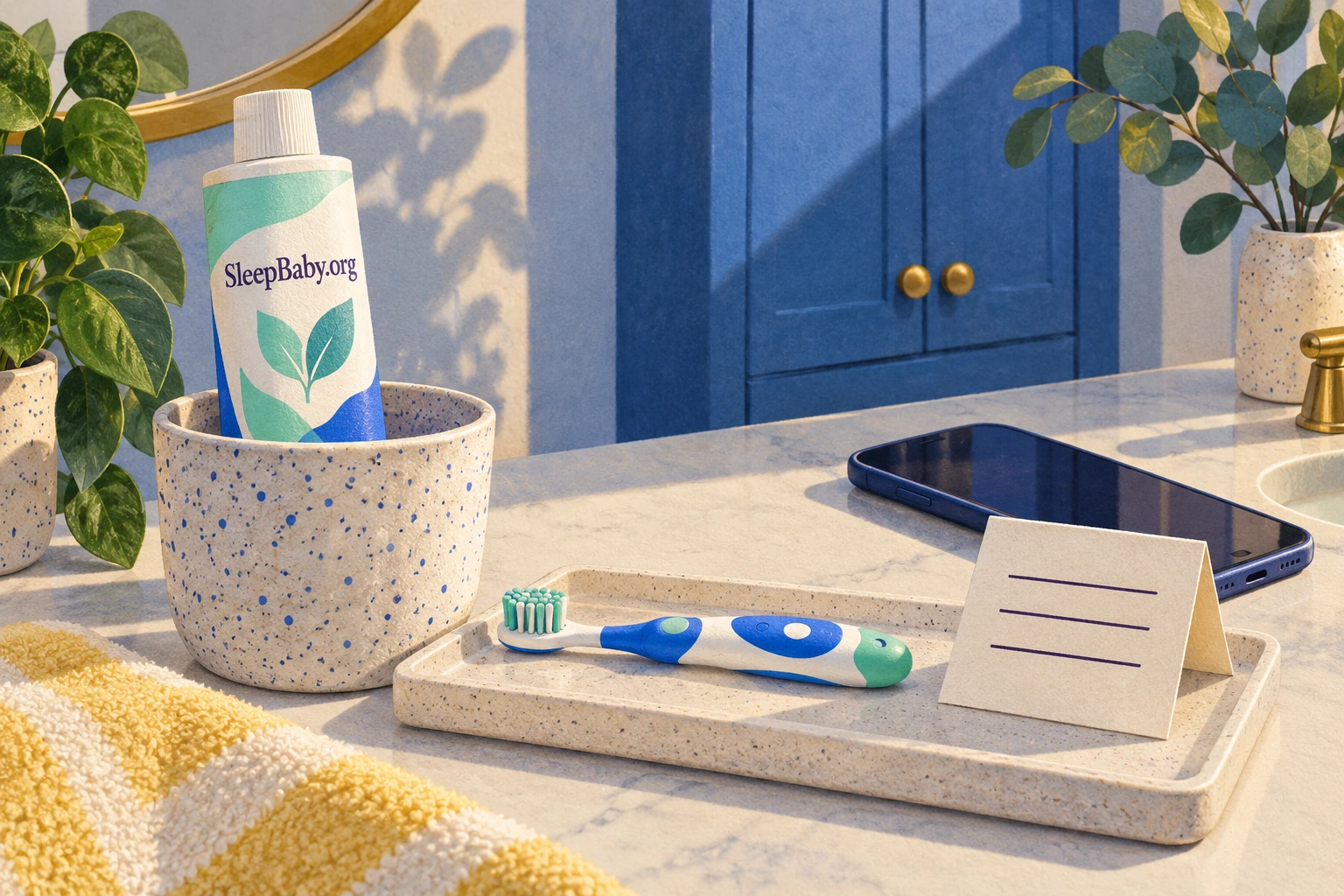 A toothpaste tube, child toothbrush and phone on a bathroom counter