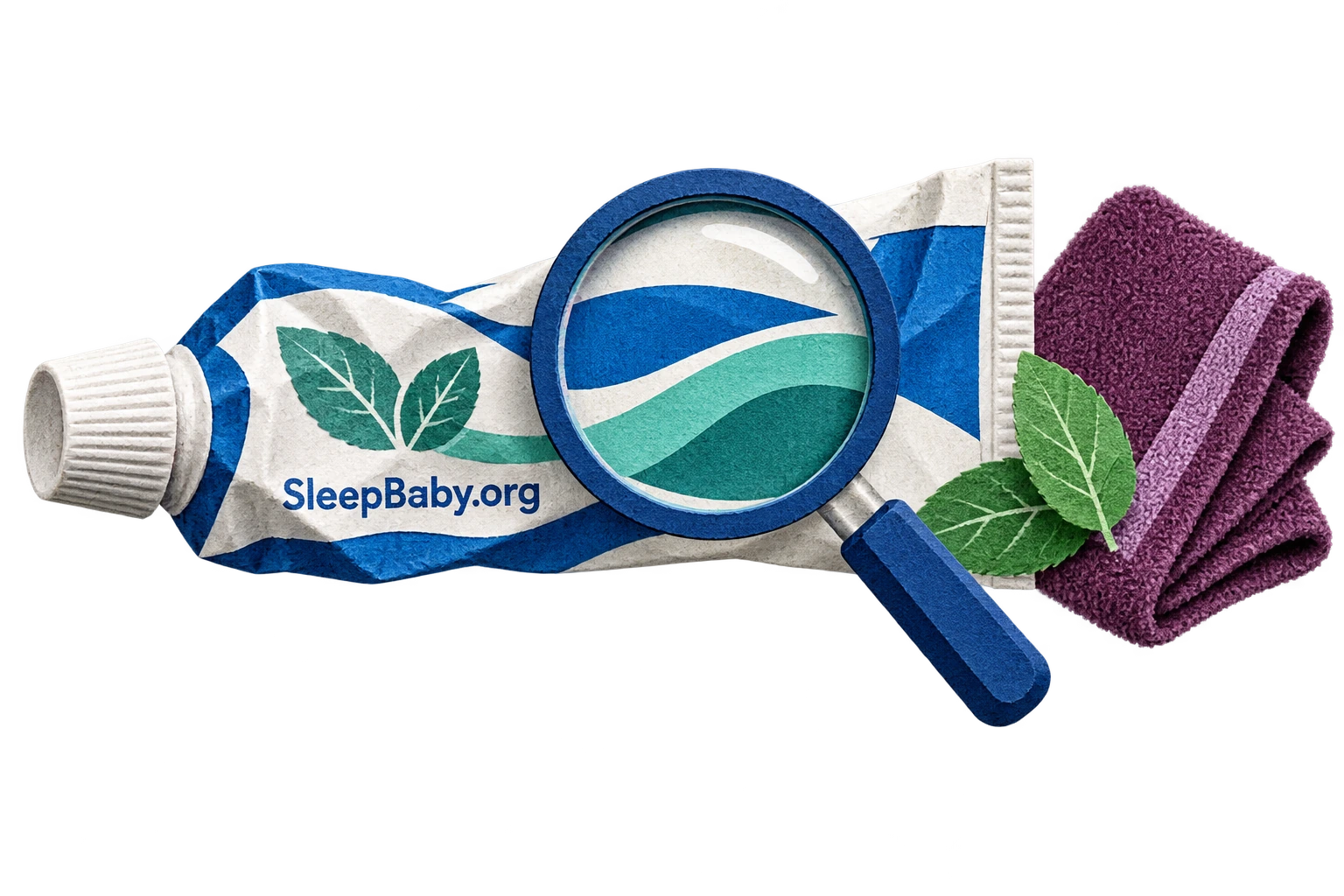 A capped toothpaste tube, magnifying glass and washcloth