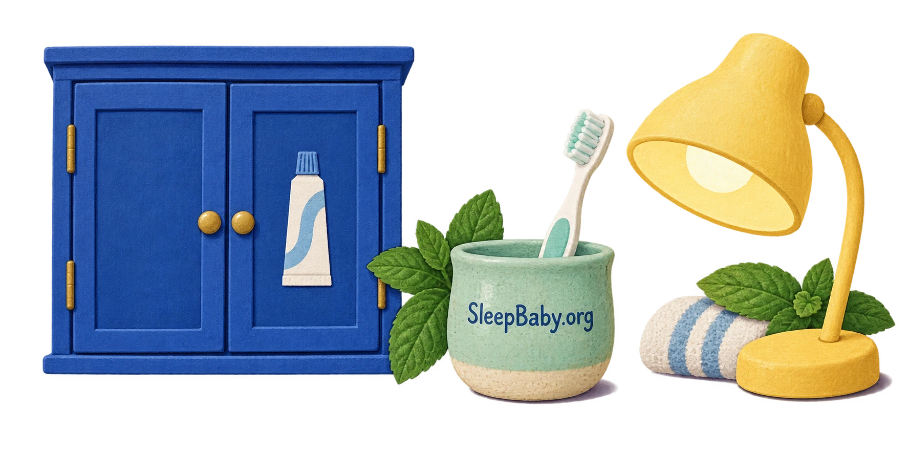A closed cupboard, child toothbrush and reading lamp