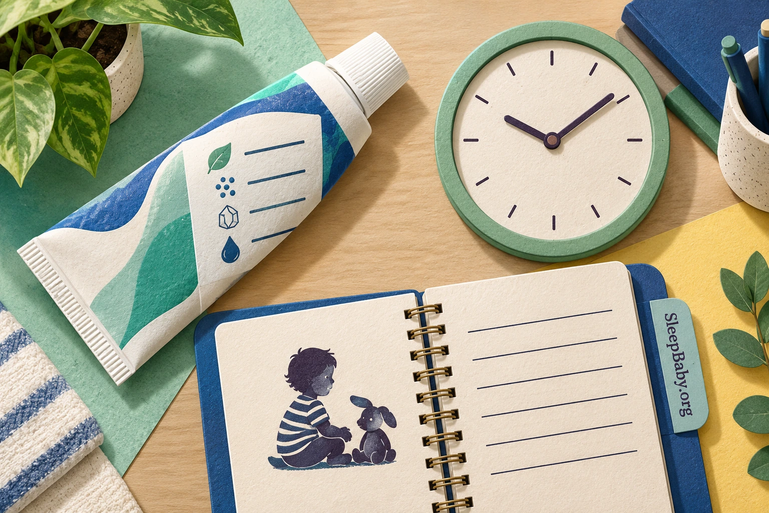 Toothpaste, a clock and a notebook representing product, time and child information