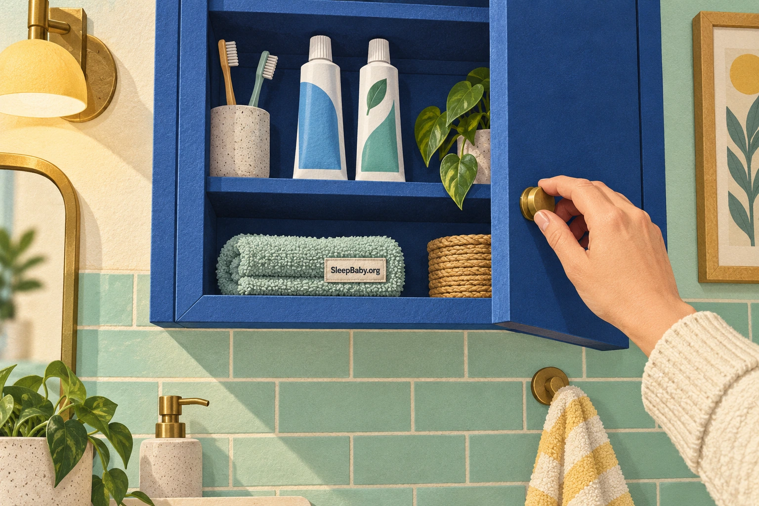An adult closing a high cupboard holding capped toothpaste tubes