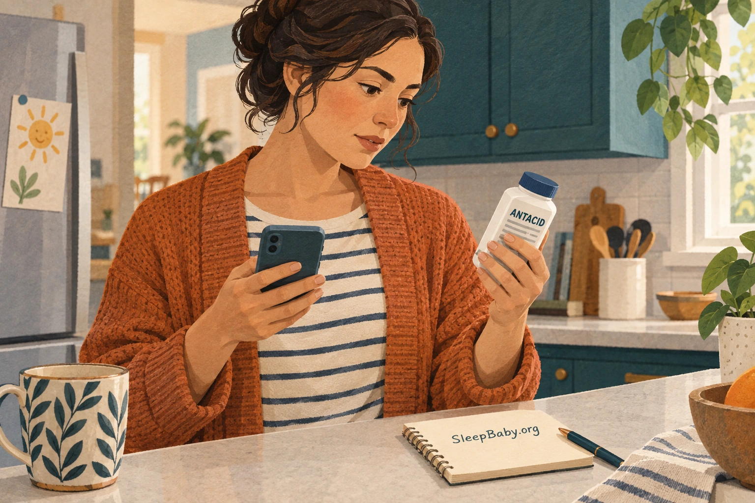 A caregiver checks a closed antacid bottle while holding a phone.