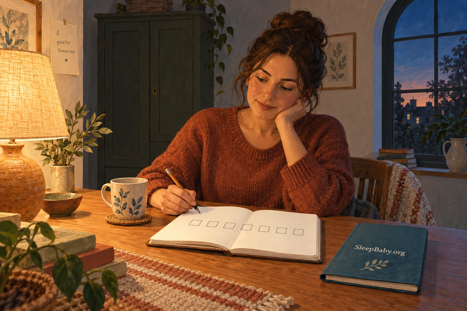 A parent writes in a seven-box notebook at an evening desk.