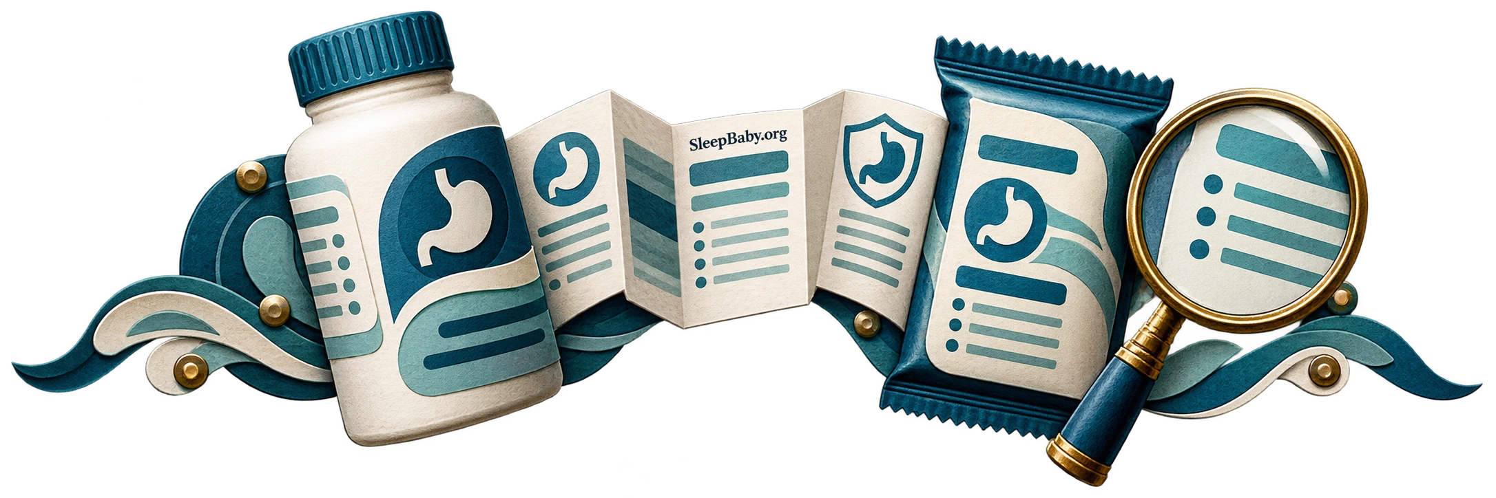 Different antacid packages and an unfolded label in teal and cream.